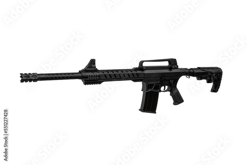 A modern 12 gauge semi-automatic tactical shotgun. Armament of the police, special forces and the army. Isolate on a white back.