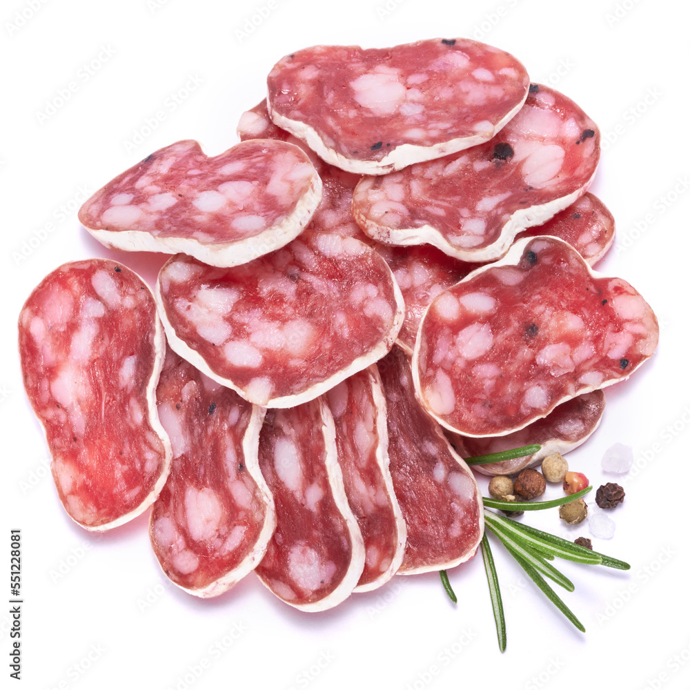 slices of Spanish Fuet thin dried salami sausage isolated on a white background slices of Spanish Fuet thin dried salami sausage isolated on a white background