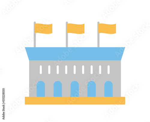 Grey building icon. House with blue roofs and spotted with yellow flags. Poster or banner for website. Urban architecture in modern style. Template, layout and mockup. Cartoon flat vector illustration