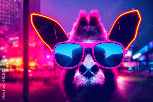 cyberpunk giraffe with sunglasses, dressed in neon color clothes
