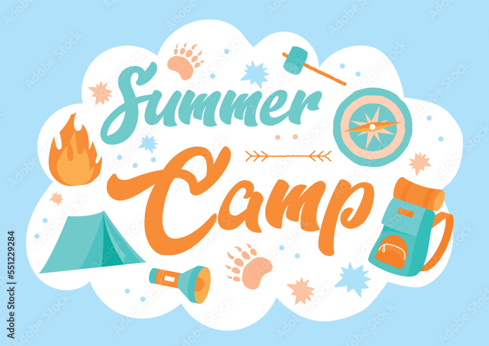 Summer camp concept. Inventory and camp icon. Tent, backpack and hammer. Active lifestyle and sports. Poster or banner for website, cover. Hiking and camping. Cartoon flat vector illustration