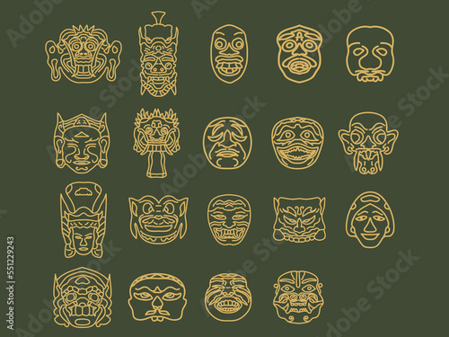 indonesian traditional mask outline icon .asia pacific traditional doodle set