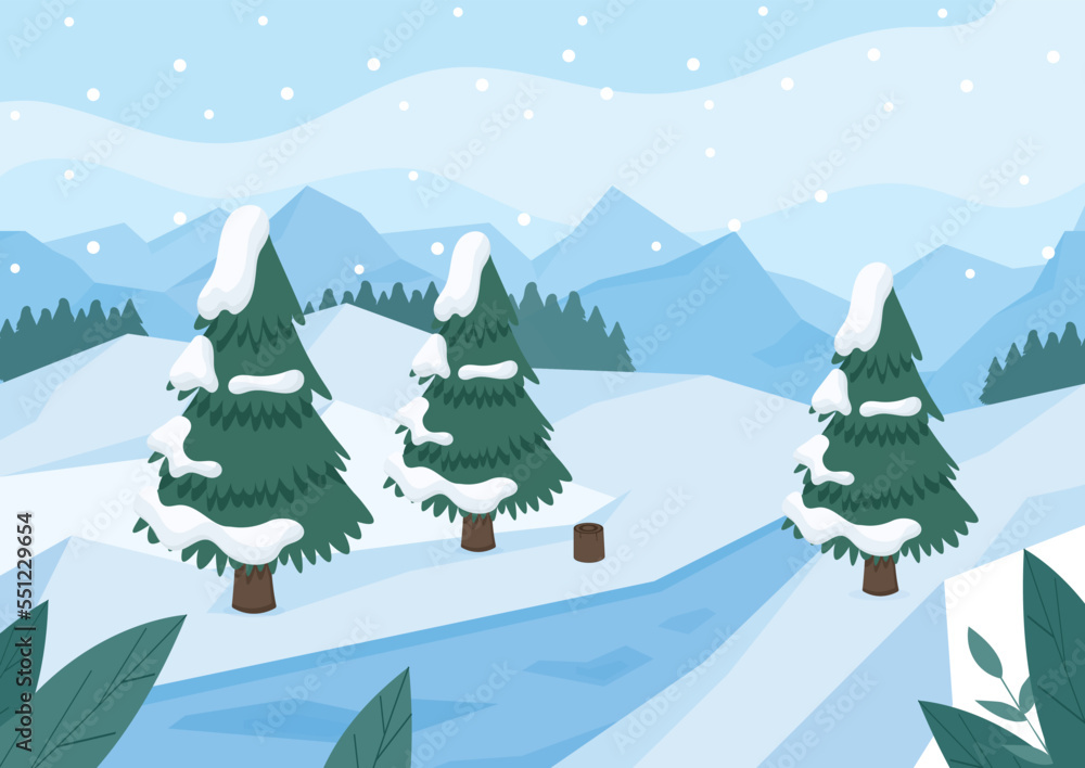 Winter landscape concept. Christmas trees under snow, cold weather. Graphic element for website. Poster, banner and background. Christmas and New Year symbol. Cartoon flat vector illustration