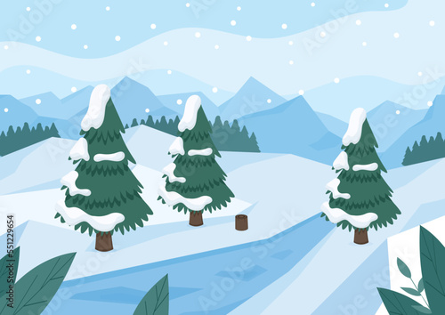 Winter landscape concept. Christmas trees under snow, cold weather. Graphic element for website. Poster, banner and background. Christmas and New Year symbol. Cartoon flat vector illustration