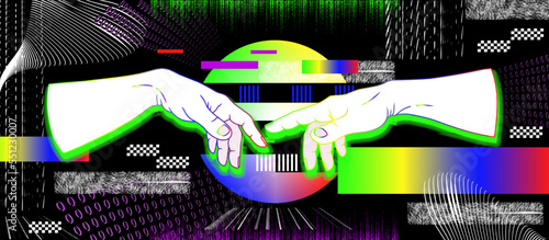 Adam creation banner, glitch digital hands. Michelangelo vaporwave art, creative love touch of god, screen pixel graphic background. Geometric trendy elements. Vector graphic illustration