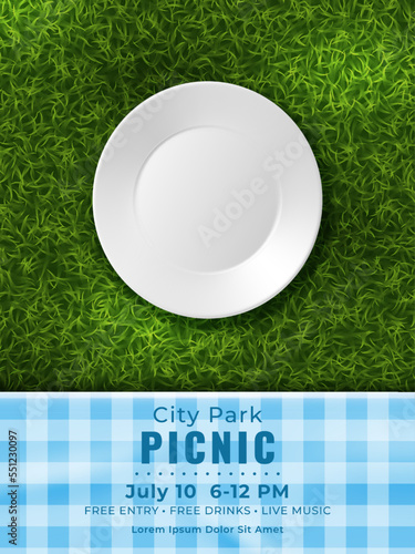 Summer picnic. Party invitation banner design. Empty plate on green lawn grass. Food poster with checkered tablecloth. Park dinner on blanket. Dish cookware. Vector realistic background