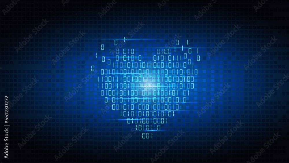 Technology heart. Love data code. Digital tech matrix for Valentine Day. One and zero symbols encryption. Binary internet coding. Programming background. Vector illustration concept