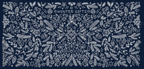 Holly christmas, mistletoe doodle style white ornament on blue background. Hand drawn star and flourish, leaves and flowers, sketch snowflakes, vintage pine branch. Vector illustration decor