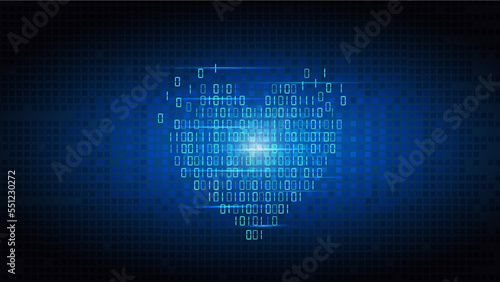Technology heart. Love data code. Digital tech matrix for Valentine Day. One and zero symbols encryption. Binary internet coding. Programming background. Vector illustration concept