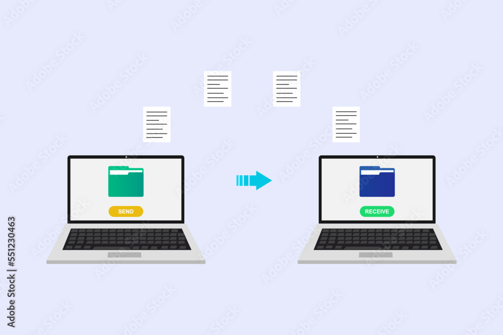 File Transfer between two laptop using internet, Send of document. Data encryption protected connection vector illustration.