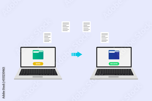 File Transfer between two laptop using internet, Send of document. Data encryption protected connection vector illustration.