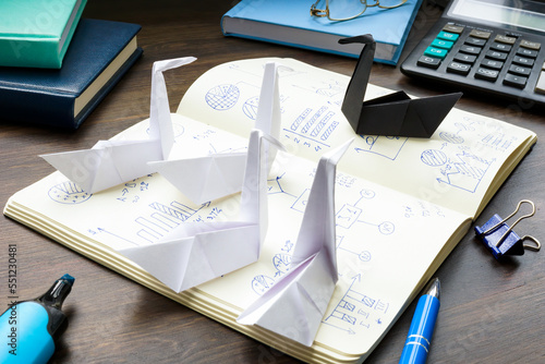 Fototapeta Naklejka Na Ścianę i Meble -  Black paper swan as a symbol of the unexpected in forecasting theory.