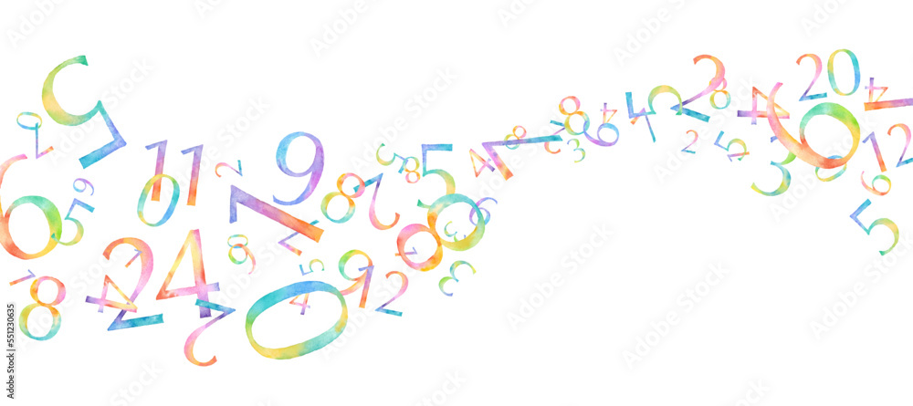 レインボーカラーの数字の水彩イラスト。時間、数字の流れのイメージ。(ベクター。レイアウト変更可能) レインボーカラーの数字の水彩イラスト。時間、数字の流れのイメージ。(ベクター。レイアウト変更可能)