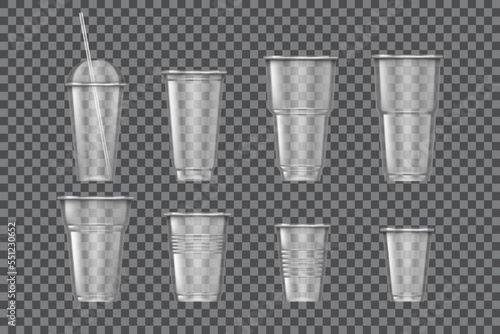 Realistic plastic glass. Transparent juice mug. Water cup with lid and straw. 3D liquid container. Smoothie and cocktail. Portable size. Takeaway drinks packages set. Vector blank design