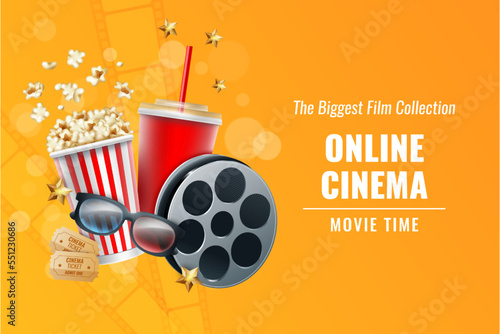 3D cinema entertainment. Online theatre. Film tickets. Popcorn and cola. TV reel. Watching premiere. Movie glasses. Cinematography art. Internet video show banner. Vector realistic concept