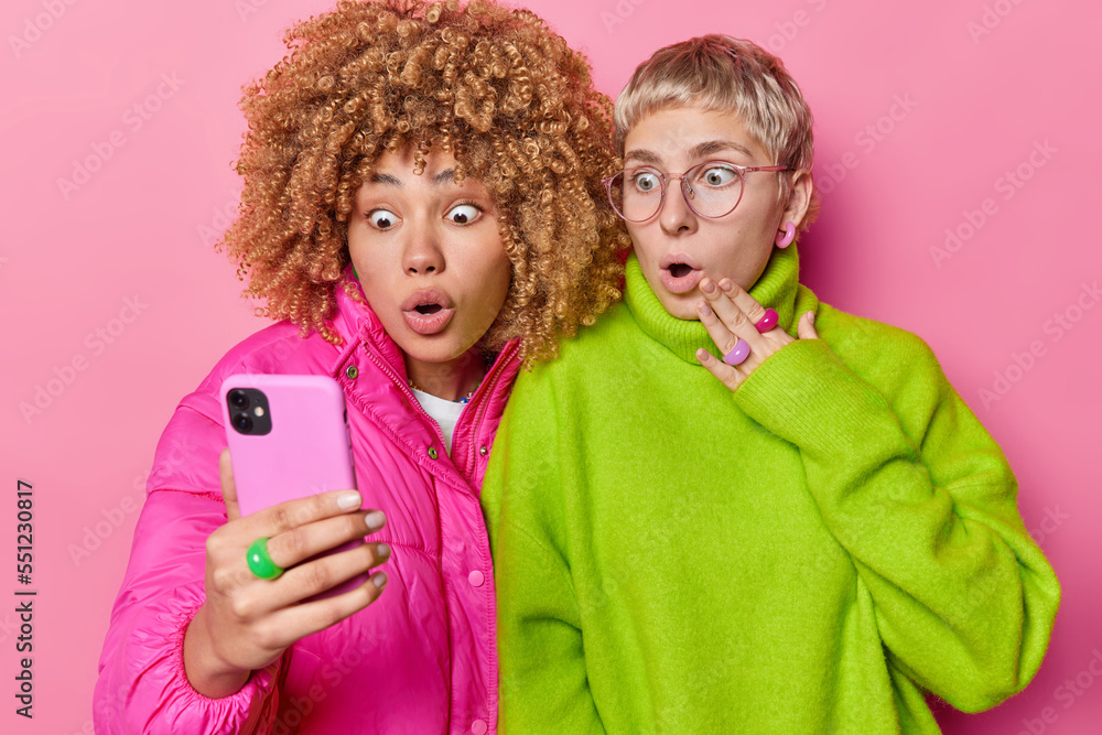 Image of shocked women stand in smartphone screen react to something awful have widely opened eyes wear bright fashionable clothes isolated on pink background. Stupefied female friends with cellular Image of shocked women stand in smartphone screen react to something awful have widely opened eyes wear bright fashionable clothes isolated on pink background. Stupefied female friends with cellular