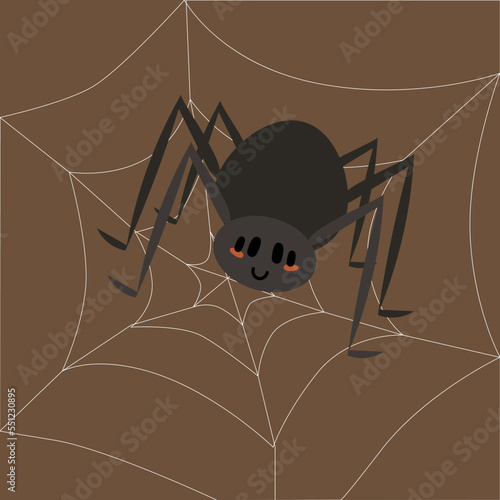Cute bugs. Spider on web. Scary black insect. Cobweb intertwined thread. Horror and tarantula phobia. Halloween card. Little animal. Dangerous arachnid and spiderweb. Vector illustration