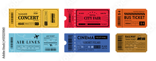 Vintage train voucher, retro ticket in cinema and theatre. Bus trip stamp or paper plane, invite for concert or city fair, museum entry pass. Coupon design template. Vector design set