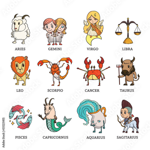 Cute horoscope zodiac signs set illustration vector, Astrological, Fortunetelling, Animal, hand drawn, cartoon, funny © Threecats