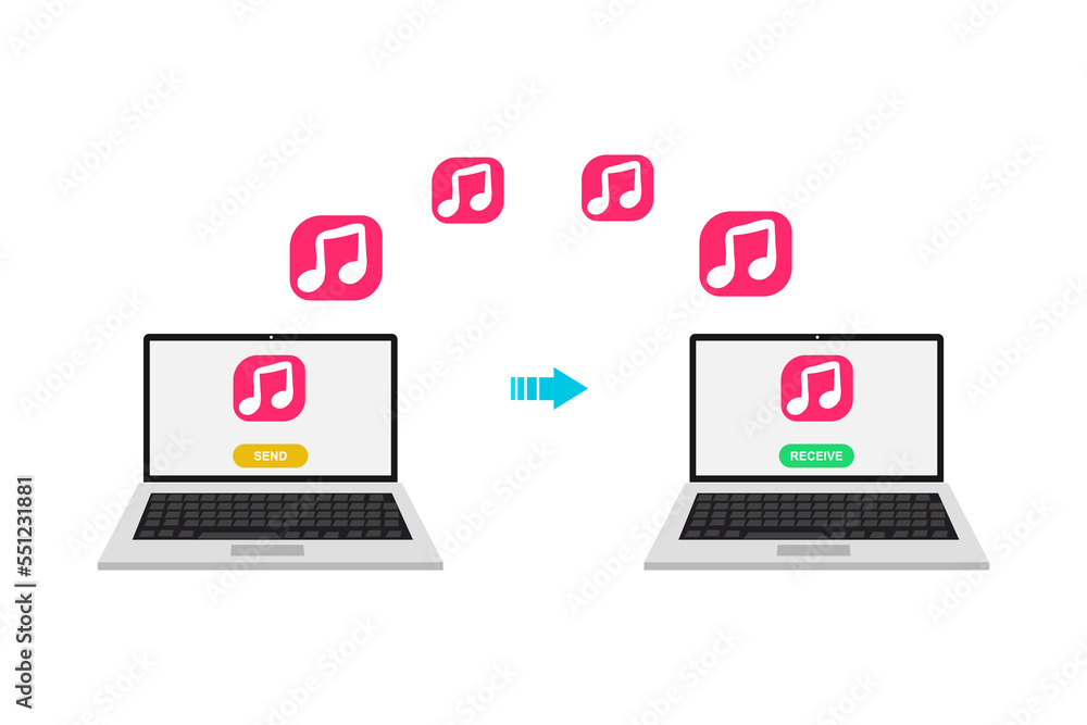 Vector illustration music file transfer from one laptop to another via the internet modern technology concept. Vector illustration music file transfer from one laptop to another via the internet modern technology concept.