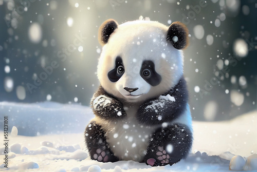 Cute Panda baby playing in snow winter, Generative Ai