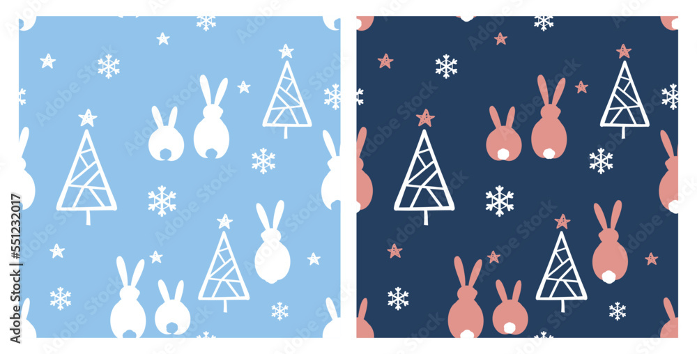 Christmas seamless patterns with snowflakes, pine trees, stars and rabbit cartoons on blue backgrounds vector. Christmas seamless patterns with snowflakes, pine trees, stars and rabbit cartoons on blue backgrounds vector.