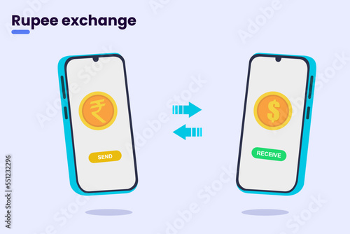 Indian Rupee currency concert to dollar for international currency. online safe transaction vector illustration.