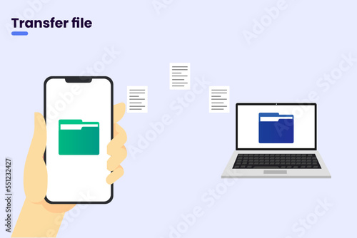 Document file transfer from smartphone to laptop via the internet modern technology concept. file transfer. vector illustration.