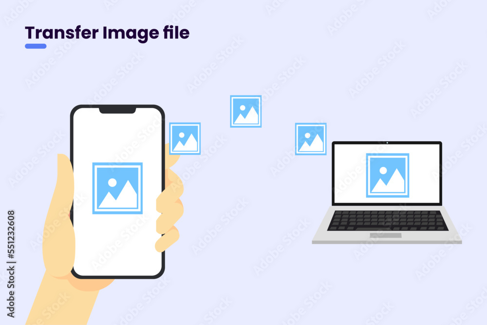 Image transfer concept. Image folder transferring phone to laptop. exchange files technology Image transfer concept. Image folder transferring phone to laptop. exchange files technology