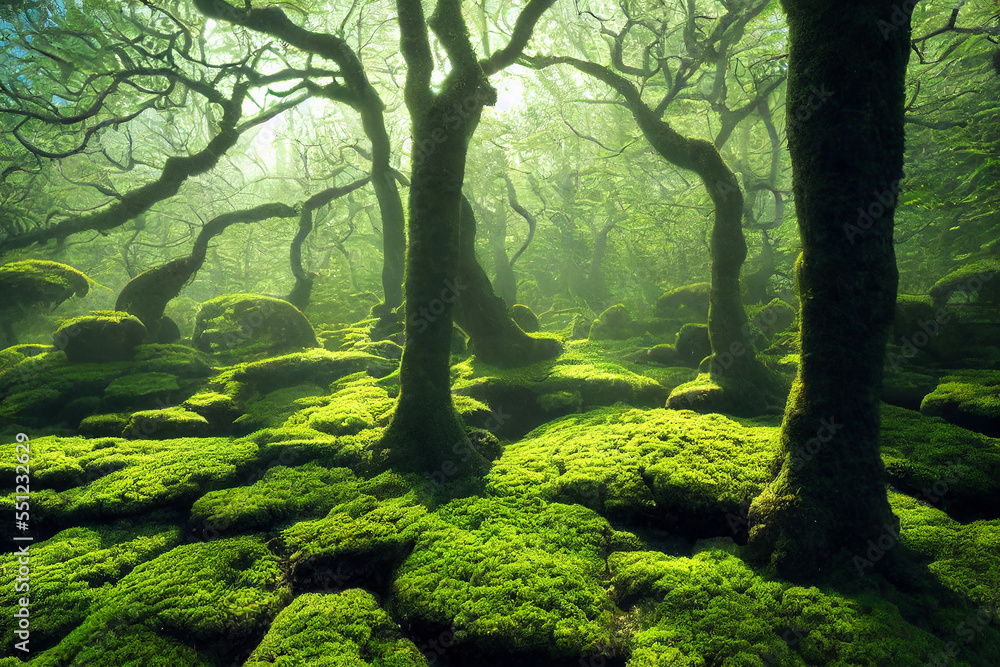 Obraz premium forest, moss-covered rocks, sunlight, reflecting water