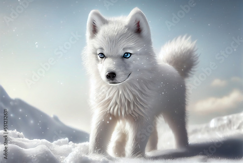 Cute wolf baby/puppy playing in winter snow portrait, Generative ai © Bhavdip