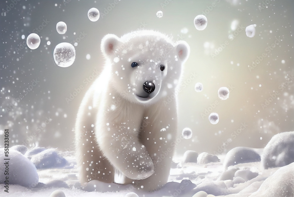 Cute baby polar bear in snow winter, generative ai Cute baby polar bear in snow winter, generative ai
