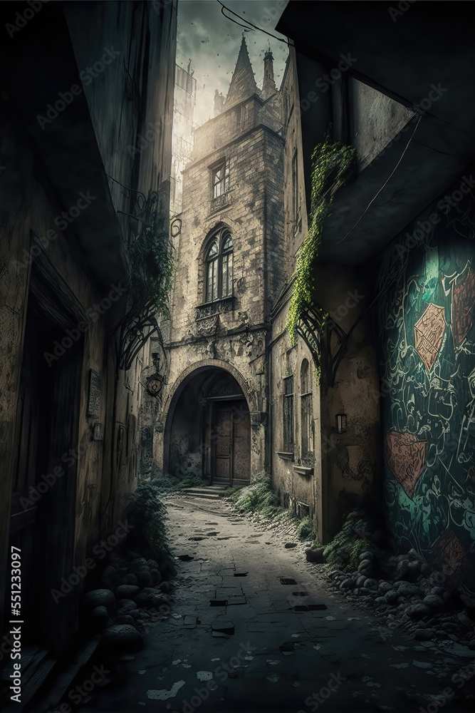 AI generated image of a medieval alleyway with painted graffiti on the walls	
