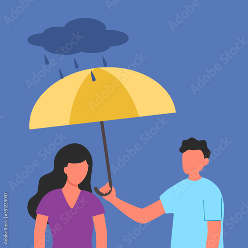 Man comforting depressed crying female friend. He help relief stress from his partner. Woman crying and man holding umbrella to prevent falling rain in flat design.