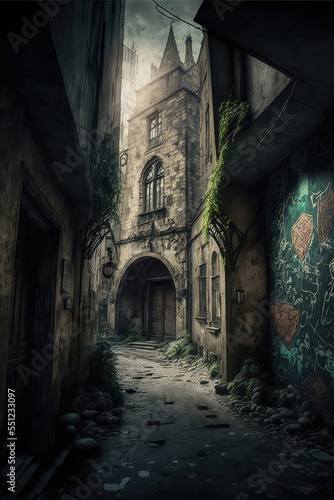 AI generated image of a medieval alleyway with painted graffiti on the walls 