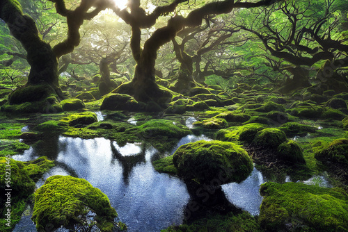  forest, moss-covered rocks, sunlight, reflecting water © surassawadee