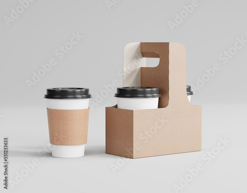 Coffee cup takeout holder, kraft cafe carrier mockup, 3d rendering, 3d modeling