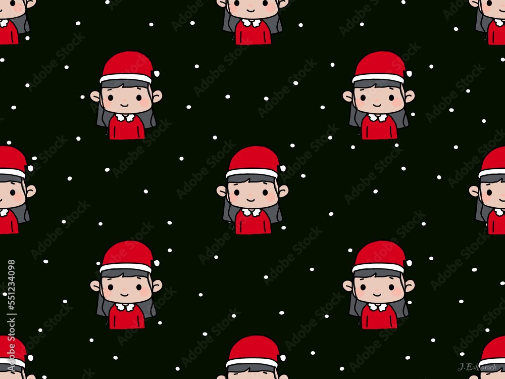 Girl Christmas cartoon character seamless pattern on black background Girl Christmas cartoon character seamless pattern on black background