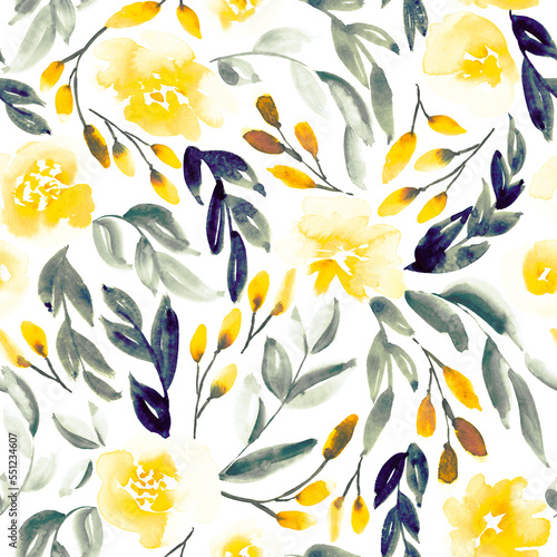 Floral in yellow, sage and black. Seamless pattern.  photo