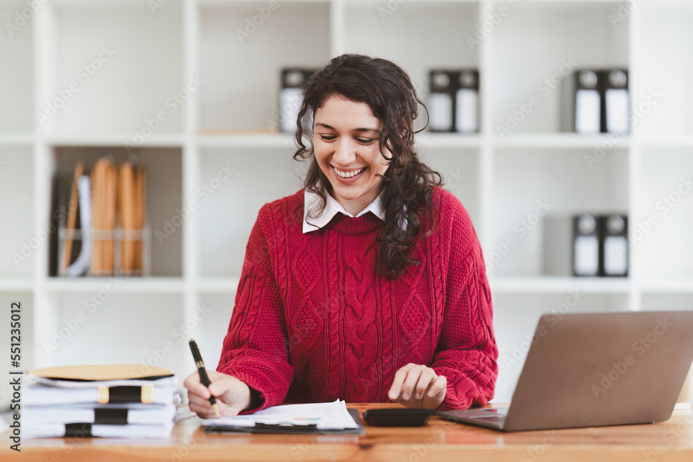 American business woman making prepare presentation or important email of financial. Business Accountant working in home office American business woman making prepare presentation or important email of financial. Business Accountant working in home office