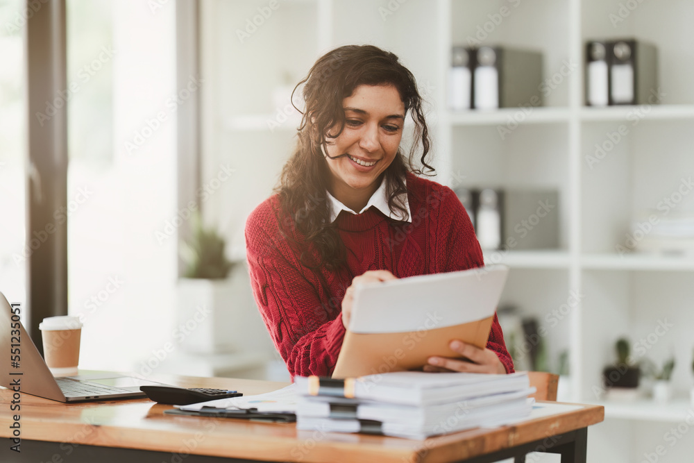 American business woman making prepare presentation or important email of financial. Business Accountant working in home office American business woman making prepare presentation or important email of financial. Business Accountant working in home office
