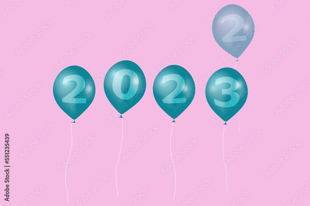 3D illustration concept New Year 2023 design with number on the balloons, the old year has passed.