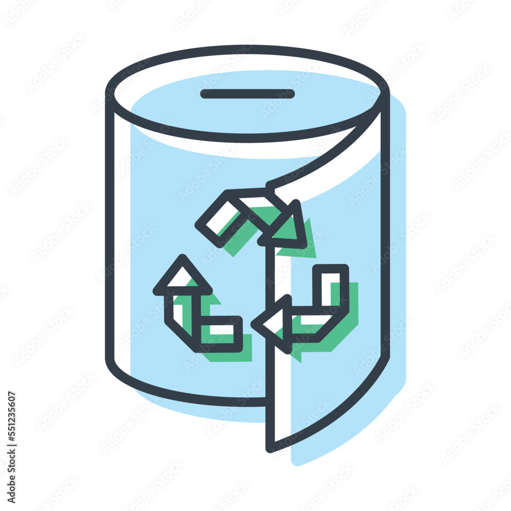 Vector isolated icon of toilet paper roll with recycling sign. Vector isolated icon of toilet paper roll with recycling sign.