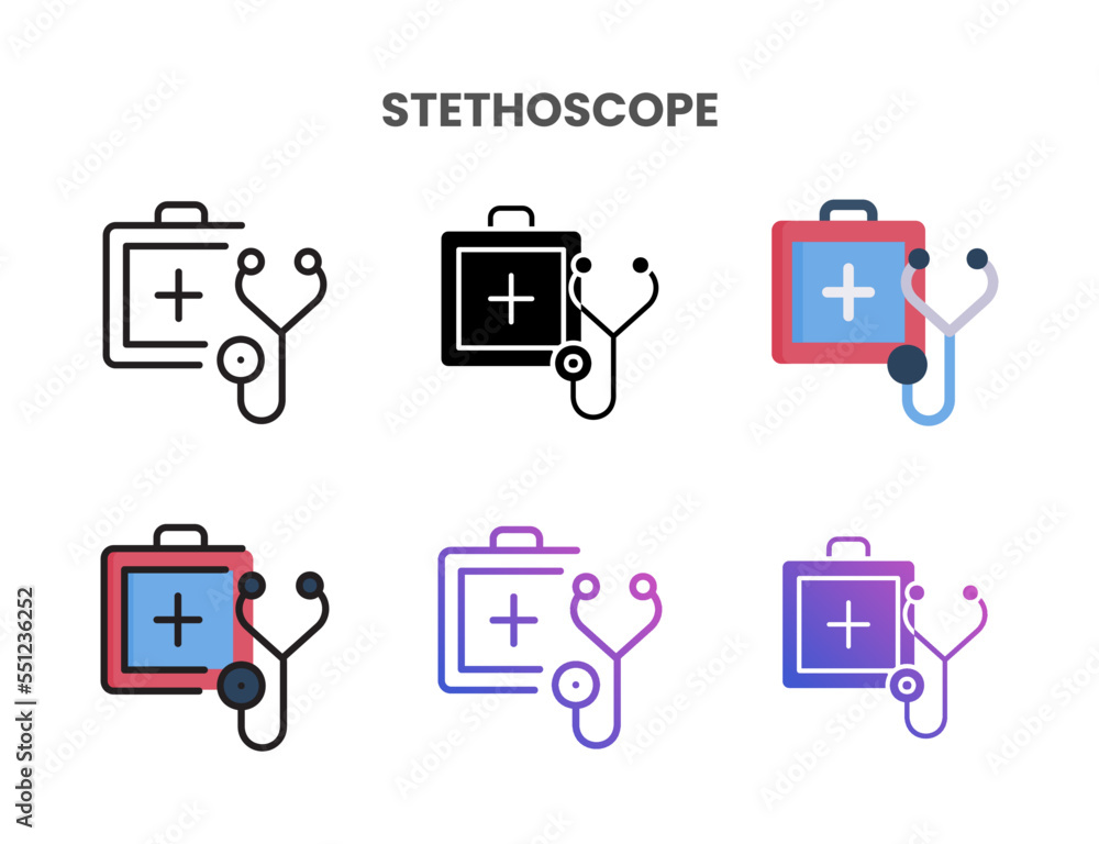 Stethoscope icons vector illustration set line, flat, glyph, line color gradient. Great for web, app, presentation and more.