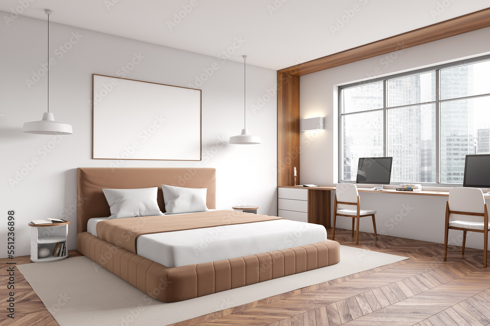 Stylish bedroom interior bed and workspace near panoramic window ...