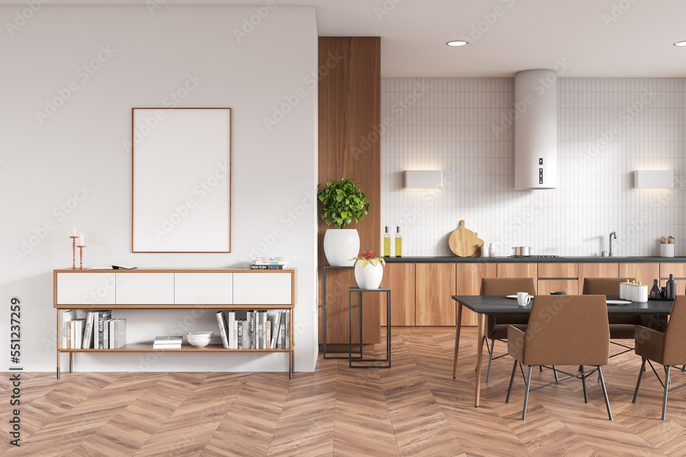 Fototapeta premium Front view on bright kitchen room interior with empty poster
