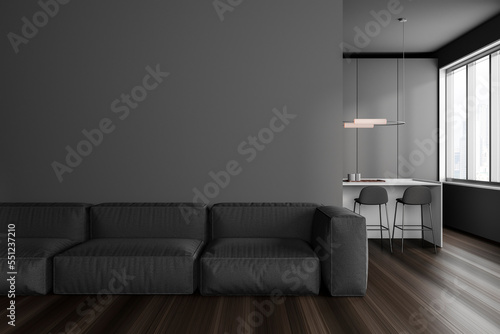 Grey studio interior with relaxing and cooking area, window. Mockup wall