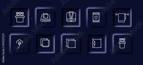 A set of hotel stalls. Washbasin, bed linen, halal, towel, hanger, cotton, scarf, pillow, pillowcase, mirror. Hotel concept. Neomorphism style. Vector line icon for business
