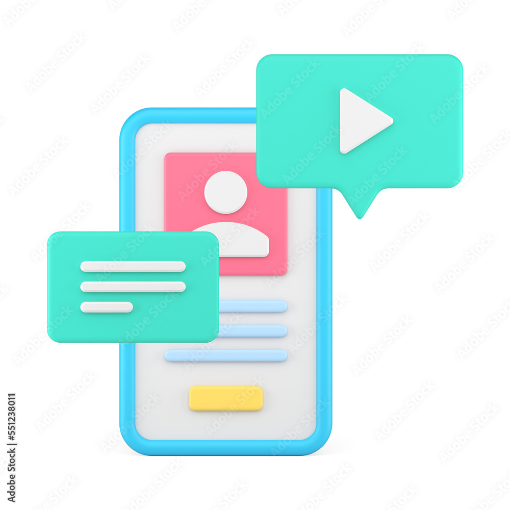 Smartphone personal profile social network video content chatting message 3d icon Smartphone personal profile social network video content chatting message 3d icon