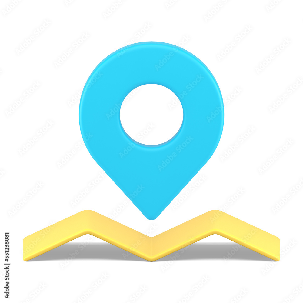 Crumpled paper map with location pin cartography travel destination GPS blue pointer 3d icon Crumpled paper map with location pin cartography travel destination GPS blue pointer 3d icon